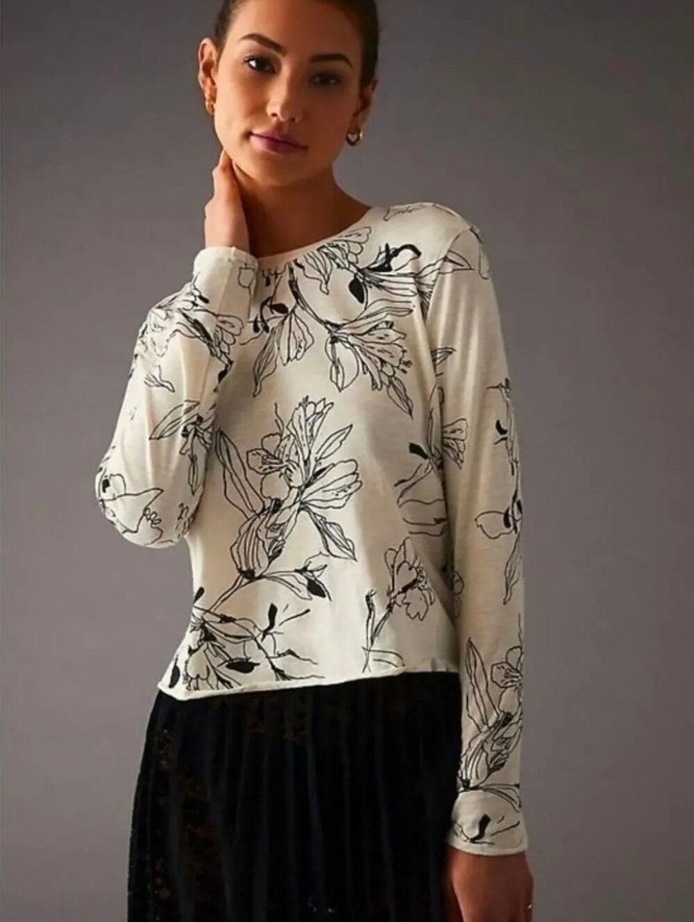 Anthropologie Cream Long-Sleeve Floral Tee